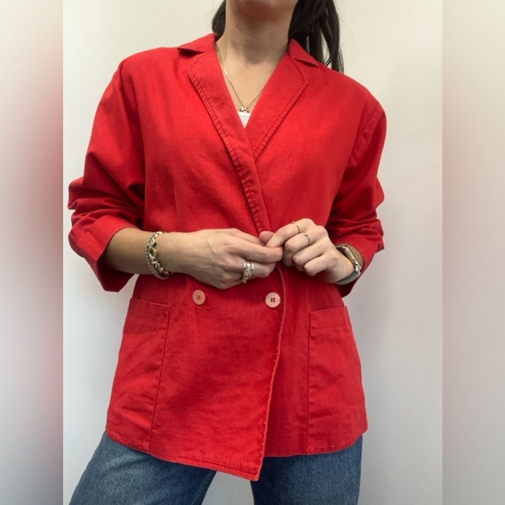 Vintage 80’s Red Linen Double Breast Blazer Long Sleeve Size M
